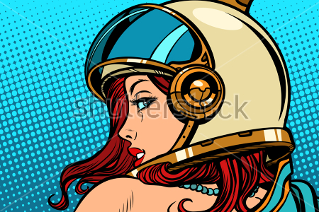 Картина Красивая девушка в шлеме космонавта игриво смотрит через плечо 