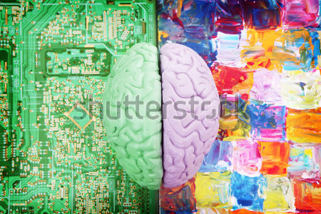 Картина Яркий коллаж с полушариями мозга - творческим на красочном фоне и аналитическим на схеме 