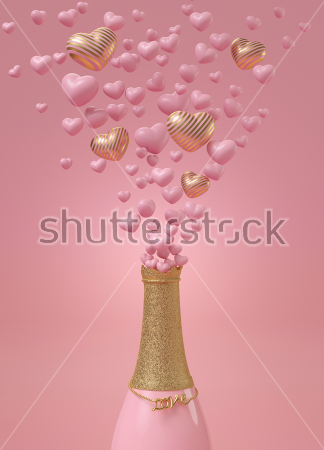 Картина Композиция в розово-золотых тонах - вылетающие из бутылки шампанского брызги в виде сердечек 