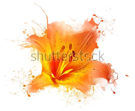 Картина Яркая оранжевая иллюстрация цветка водяной лилии в динамичных брызгах акварельной краски 