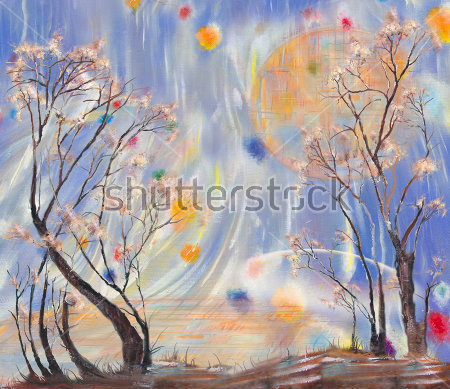 Картина Волшебные разноцветные шары вокруг цветущих деревьев у пруда 