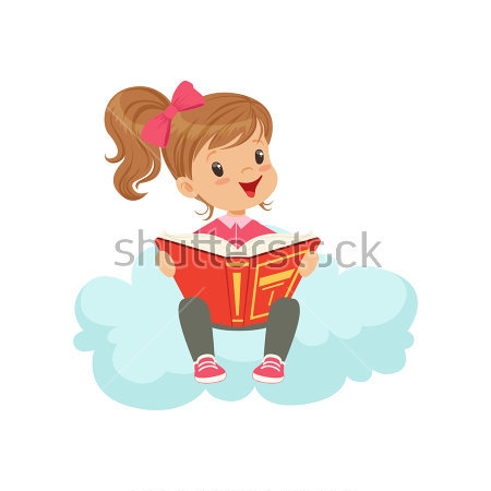 Постер Забавная девочка читает книгу на облачке  