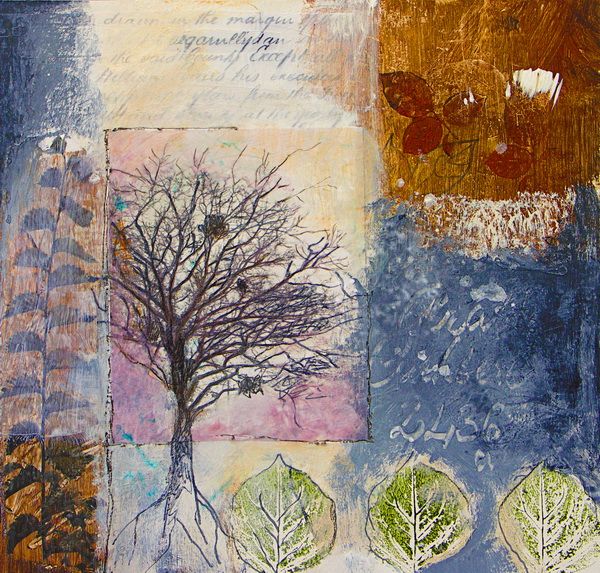 Картина Абстракция с листьями, деревьями и надписями 