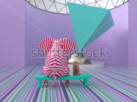 Картина Забавный геометрический коллаж с полосатым красно-белым слоном и белкой на скамейке в музее современного искусства 