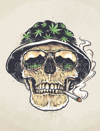 Картина Курящий череп в очках и шляпе с рисунком листьев конопли 