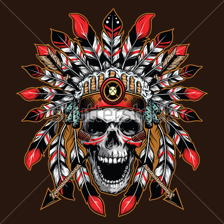 Картина Яркий коллаж с черепом в головном уборе индейцев на тёмном фоне 
