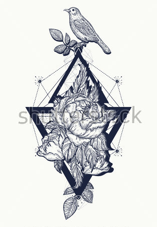 Картина Геометрический коллаж с розой, растущей из треугольников, и птицей 