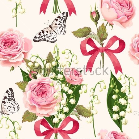 Картина Красивая весенняя композиция с ландышами, розами, бабочками и бантами 