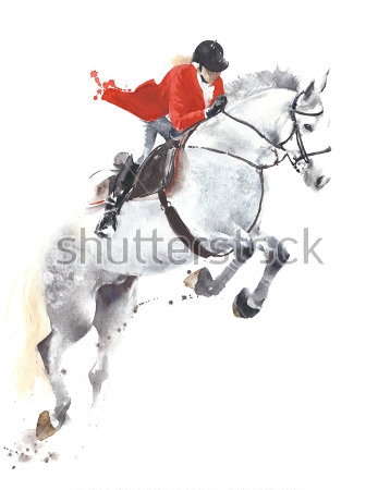 Картина Акварельная иллюстрация динамичного прыжка лошади с жокеем 