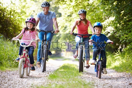 Картина Счастливая семья катается на велосипедах в красивом зелёном парке 