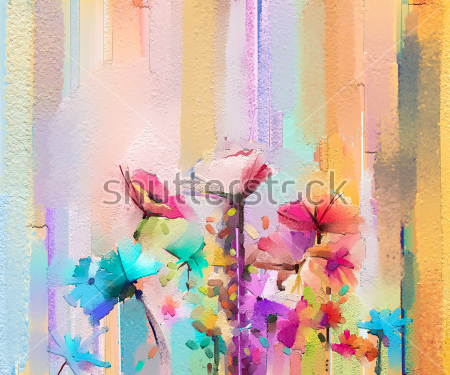 Картина Абстрактная композиция в пастельных тонах с яркими весенними цветами на полосатом фоне 