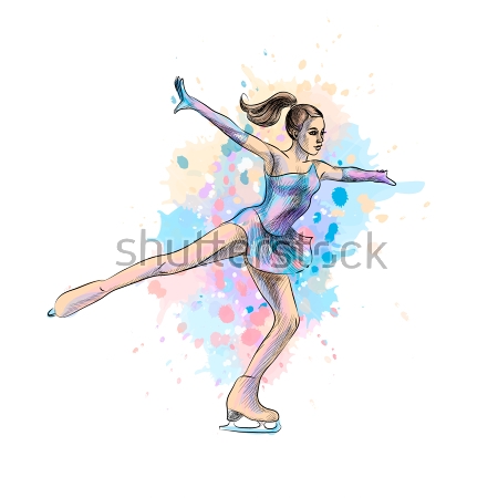 Картина Красочная иллюстрация с танцующей фигуристкой на фоне разноцветных акварельных пятен и брызг 