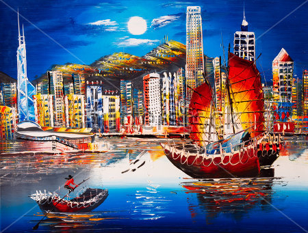 Картина Ночная гавань Виктория в Гонконге с парусником и лодкой на фоне небоскрёбов 