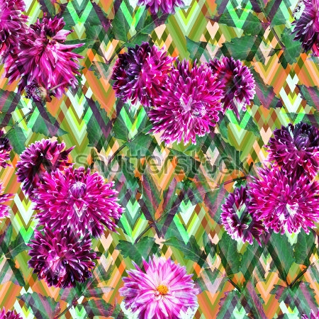 Картина Геометрический коллаж с фиолетовыми георгинами и ромбами в оттенках зелёного цвета 
