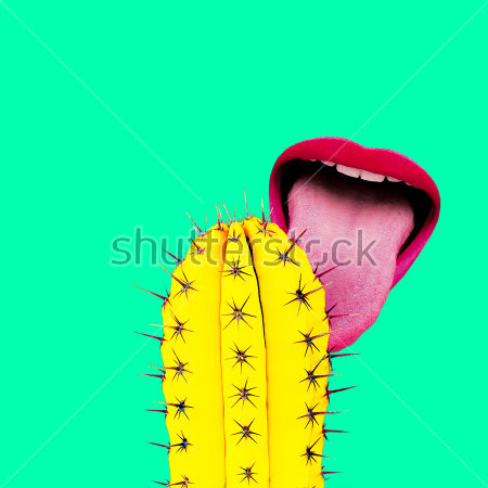 Картина Яркий коллаж с жёлтым кактусом и розовым языком, облизывающим кактус как мороженое 