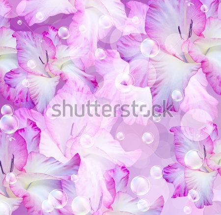Картина Нежный коллаж из цветов бело-фиолетового гладиолуса и мыльных пузырей 