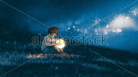 Картина Мальчик сидит на траве под звёздным небом и держит в руках большой светящийся шар-Луну 