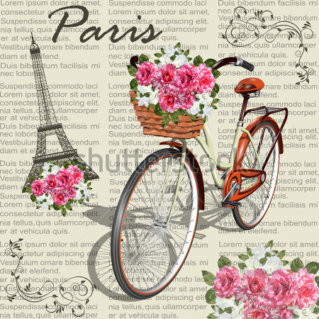 Картина Красивый винтажный плакат с велосипедом, розами, виньетками и Эйфелевой башней на газетном фоне 