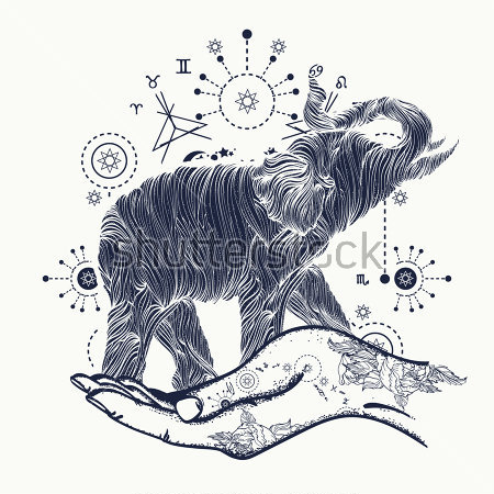 Картина Коллаж со слоном на ладони на фоне различных астрологических символов 