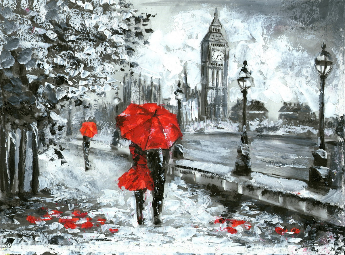 Купить картину маслом Прогулка влюбленных с красным зонтом по Лондону от  5690 руб. в галерее DasArt