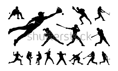 Постер Силуэты бейсболистов в различных игровых позах, прыжках и приёмах 
