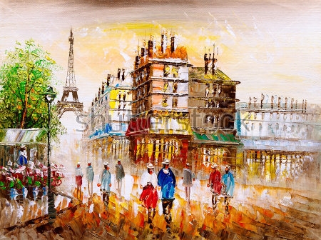 Картина маслом На улице Парижа с видом на Эйфелеву башню 