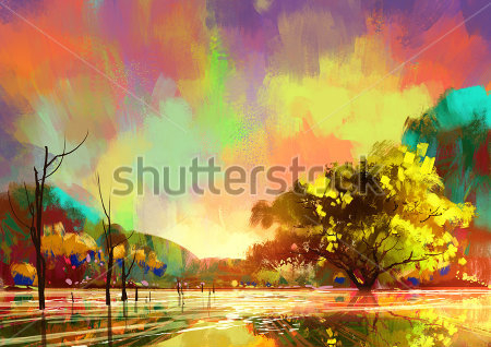 Картина Яркий красочный пейзаж с большим жёлтым деревом 