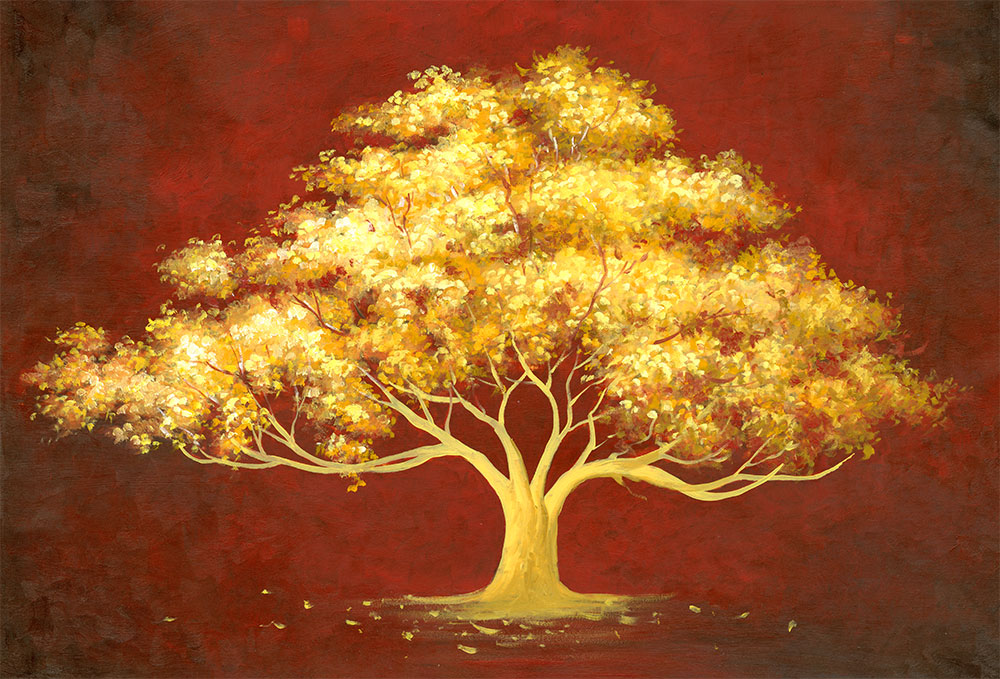Закат золотит деревья старинной позолотой. Золотое дерево живопись. Картина дерево золото. Дерево в золотом на холсте. Дерево с золотом.