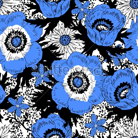 Картина Цветочная композиция из голубых и белых анемон с чёрными лепестками 