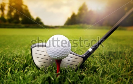 Картина Клюшка для гольфа и мяч на столбике в траве зелёного поля для гольфа 