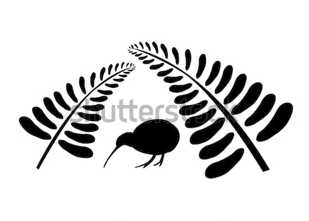 Постер Чёрно-белая эмблема с символами Новой Зеландии - силуэтом птицы киви и листьями папоротника  