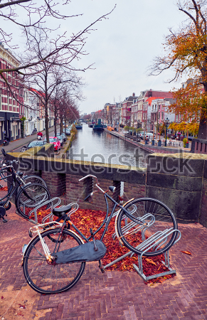 Постер Прекрасный осенний пейзаж с видом на канал и припаркованными велосипедами в Гааге  