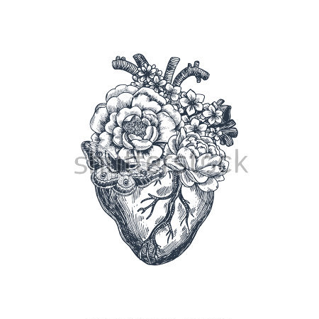 Постер Влюблённое сердце с красивыми цветами и бабочками на белом фоне  