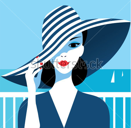 Картина Минималистичная композиция с красивой девушкой в полосатой широкополой шляпе на фоне морского пейзажа с яхтами 