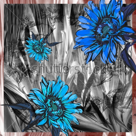 Картина Красивый коллаж из синих цветов герберы на фоне полупрозрачных квадратов с цветочным рисунком 