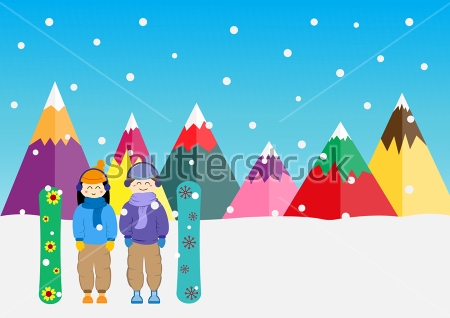 Картина Красочная лаконичная иллюстрация с двумя счастливыми сноубордистами на фоне падающего снега в горах 