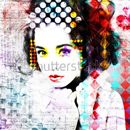 Картина Коллаж из различных геометрических фигур, цветовых пятен и мелкого шрифта на фоне женского портрета 