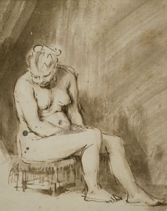 Постер Обнаженная женщина, сидящая на табуретке Рембрандт