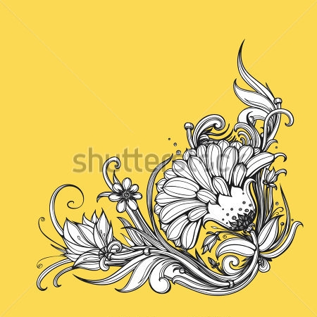 Картина Красивая виньетка с цветами календулы и растительным орнаментом на жёлтом фоне 