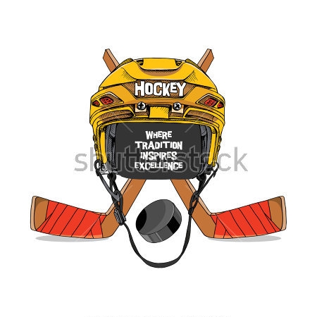 Картина Яркая иллюстрация с хоккейным шлемом, клюшками и шайбой 