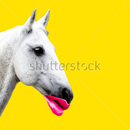 Картина Яркий коллаж с белой лошадью и большими розовыми губами на жёлтом фоне 