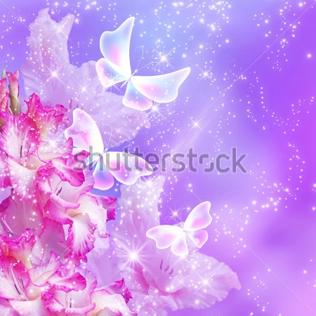Картина Розовые цветы гладиолуса с волшебными бабочками и звёздочками 