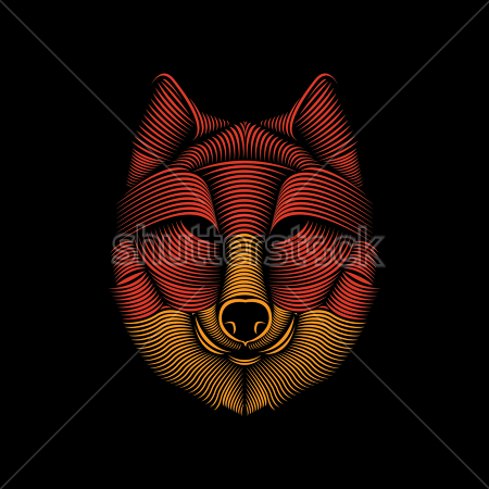 Постер Линейный портрет волка из красных и оранжевых линий на чёрном фоне  