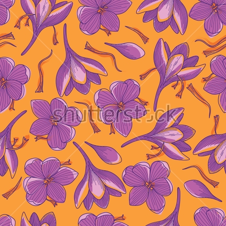 Картина Яркая композиция с фиолетовыми крокусами на оранжевом фоне 