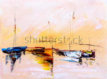 Постер Разноцветные лодки на морском берегу 