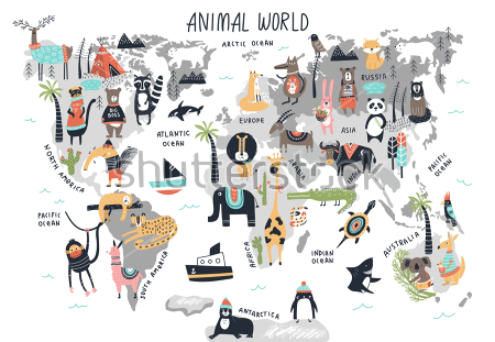Картина Карта мира животных в скандинавском стиле 