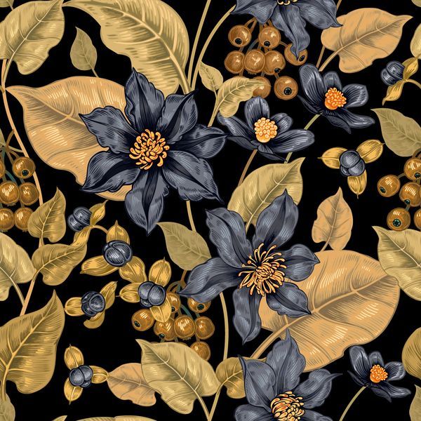 Картина Синие цветы и золотые ягоды на черном фоне 