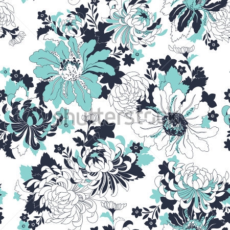 Картина маслом Монохромная композиция из цветов хризантемы в сине-голубых тонах на белом фоне 