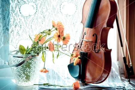 Картина Красивый натюрморт с букетом календулы в хрустальной вазе, скрипкой со смычком и нотами в мягком освещении через кружевную штору  