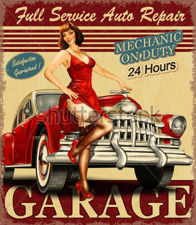Картина Яркий рекламный плакат автосервиса в винтажном стиле - с привлекательной девушкой в красном платье на фоне роскошного красного автомобиля 